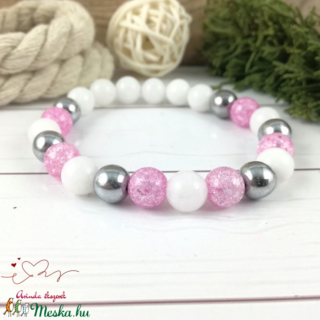 Gondoskodás pink  hegyikristály hematit jade ásvány karkötő - ékszer - karkötő - bogyós karkötő - Meska.hu