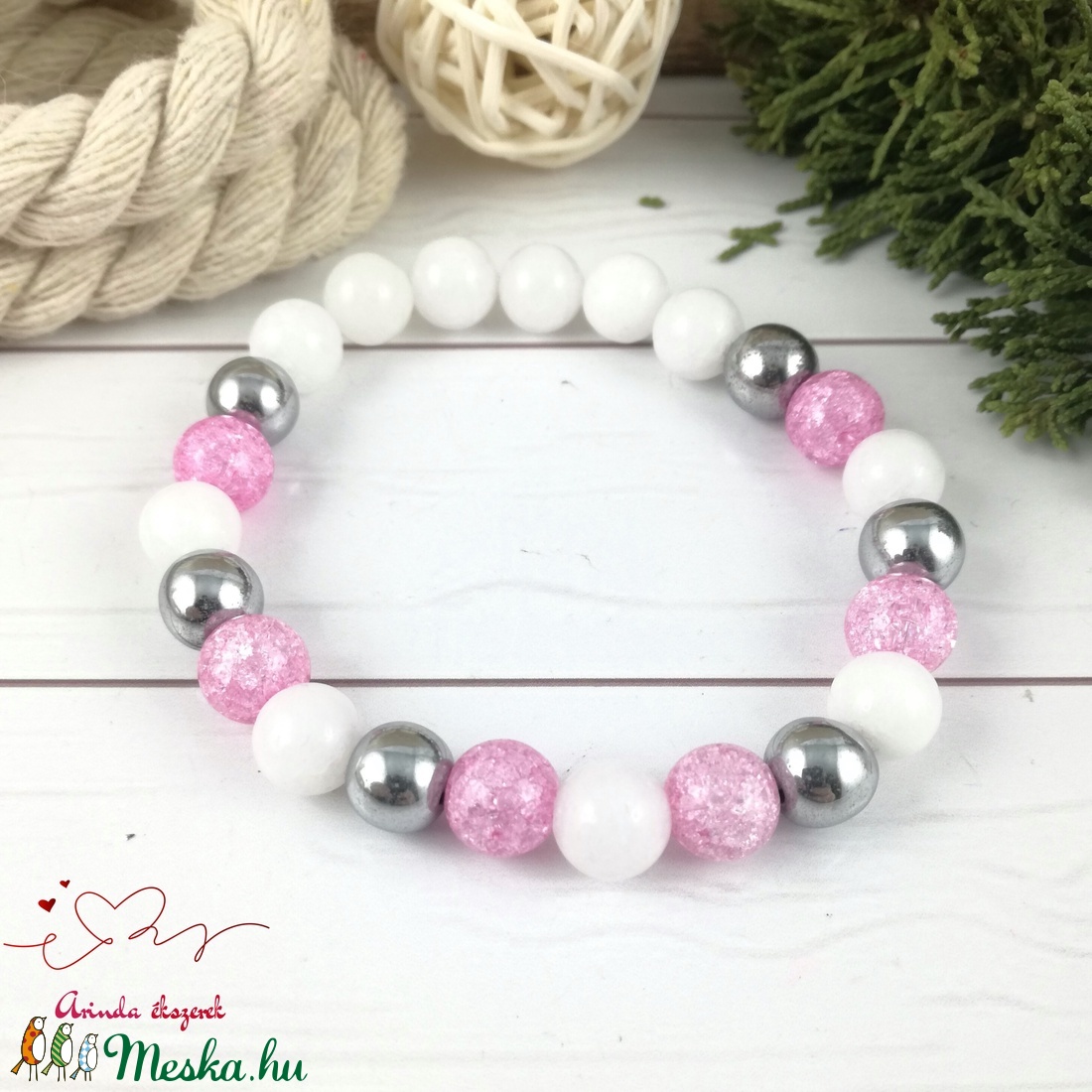 Gondoskodás pink  hegyikristály hematit jade ásvány karkötő - ékszer - karkötő - bogyós karkötő - Meska.hu