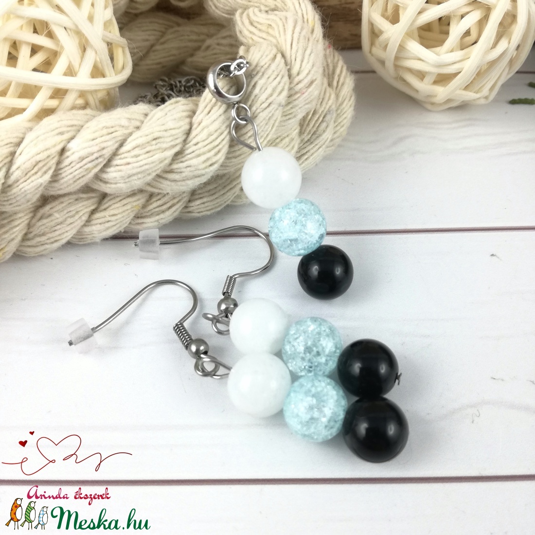 Pozitív gondolatok kék hegyikristály jade ónix ásvány nyaklánc fülbevaló orvosi fém nemesacél szerelékkel - ékszer - ékszerszett - Meska.hu