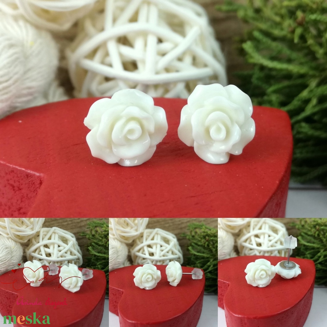 Apró fehér rózsás antiallergén nemesacél acél fülbevaló tavaszi nyári ajándék nőnek lánynak hétköznapra esküvőre - ékszer - fülbevaló - pötty fülbevaló - Meska.hu