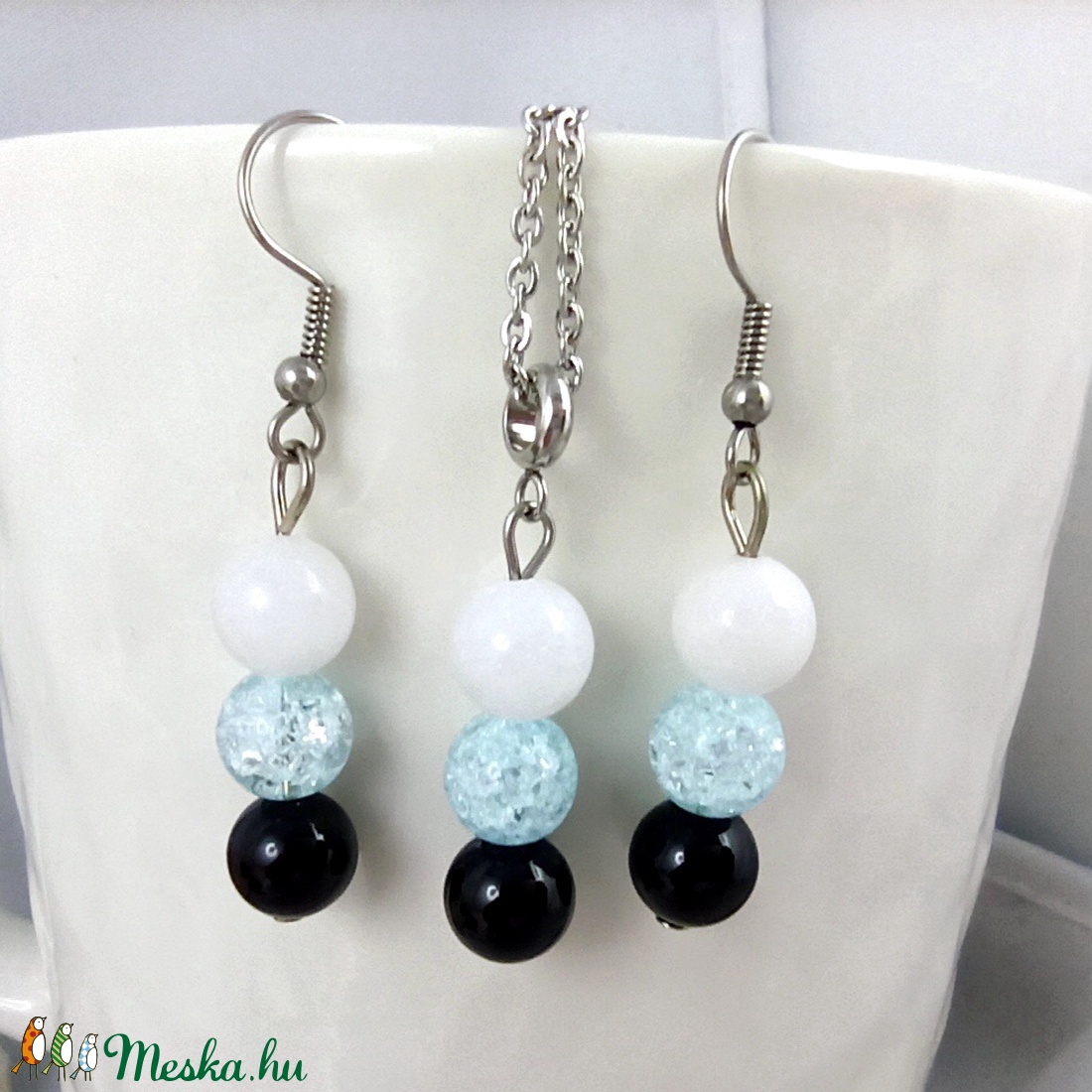 Pozitív gondolatok kék hegyikristály jade ónix ásvány nyaklánc fülbevaló orvosi fém nemesacél szerelékkel - ékszer - ékszerszett - Meska.hu