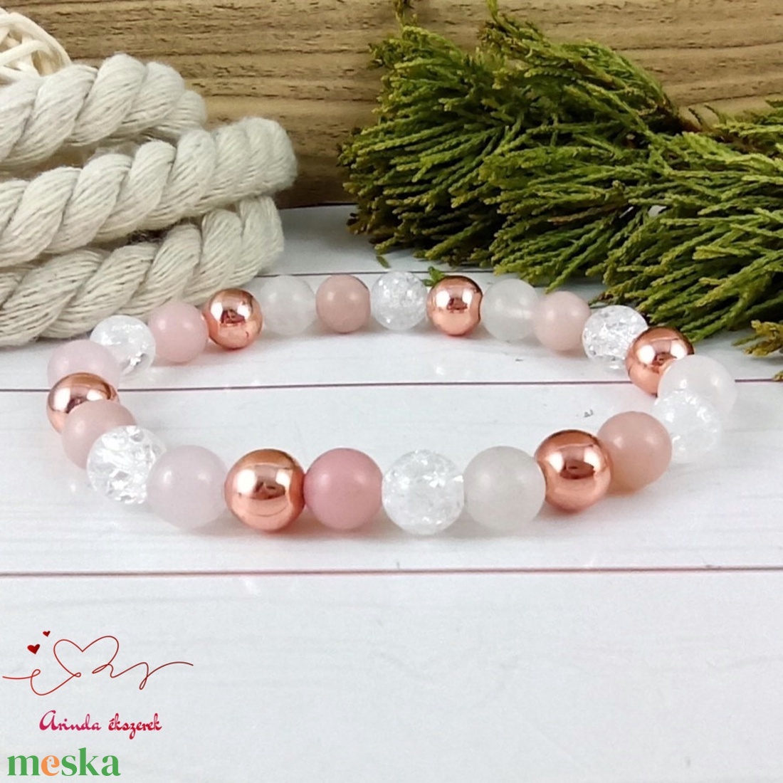 Rózsaopál roppantott hegyikristály rosegold hematit rózsakvarc ásvány karkötő - ékszer - karkötő - gyöngyös karkötő - Meska.hu