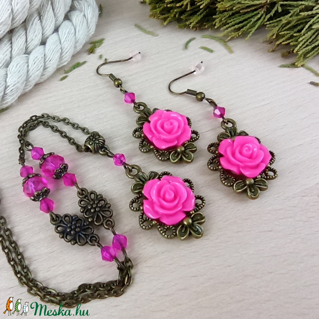 #50 pink rózsás antik bronz szett nyaklánc fülbevaló esküvő alkalmi koszorúslány örömanya menyasszony násznagy - ékszer - ékszerszett - Meska.hu #50 pink rózsás antik bronz szett nyaklánc fülbevaló esküvő alkalmi koszorúslány örömanya menyasszony násznagy - ékszer - ékszerszett - Meska.hu