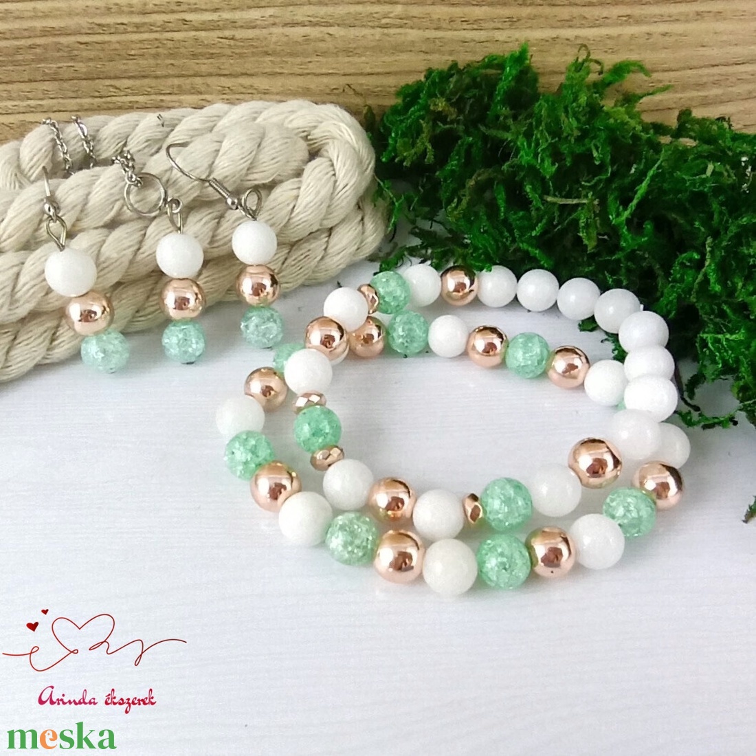 Napsütötte ragyogás menta hegyikristály rosegold hematit jade ásvány nyaklánc fülbevaló orvosi fém nemesacél szerelékkel - ékszer - ékszerszett - Meska.hu Napsütötte ragyogás menta hegyikristály rosegold hematit jade ásvány nyaklánc fülbevaló orvosi fém nemesacél szerelékkel - ékszer - ékszerszett - Meska.hu
