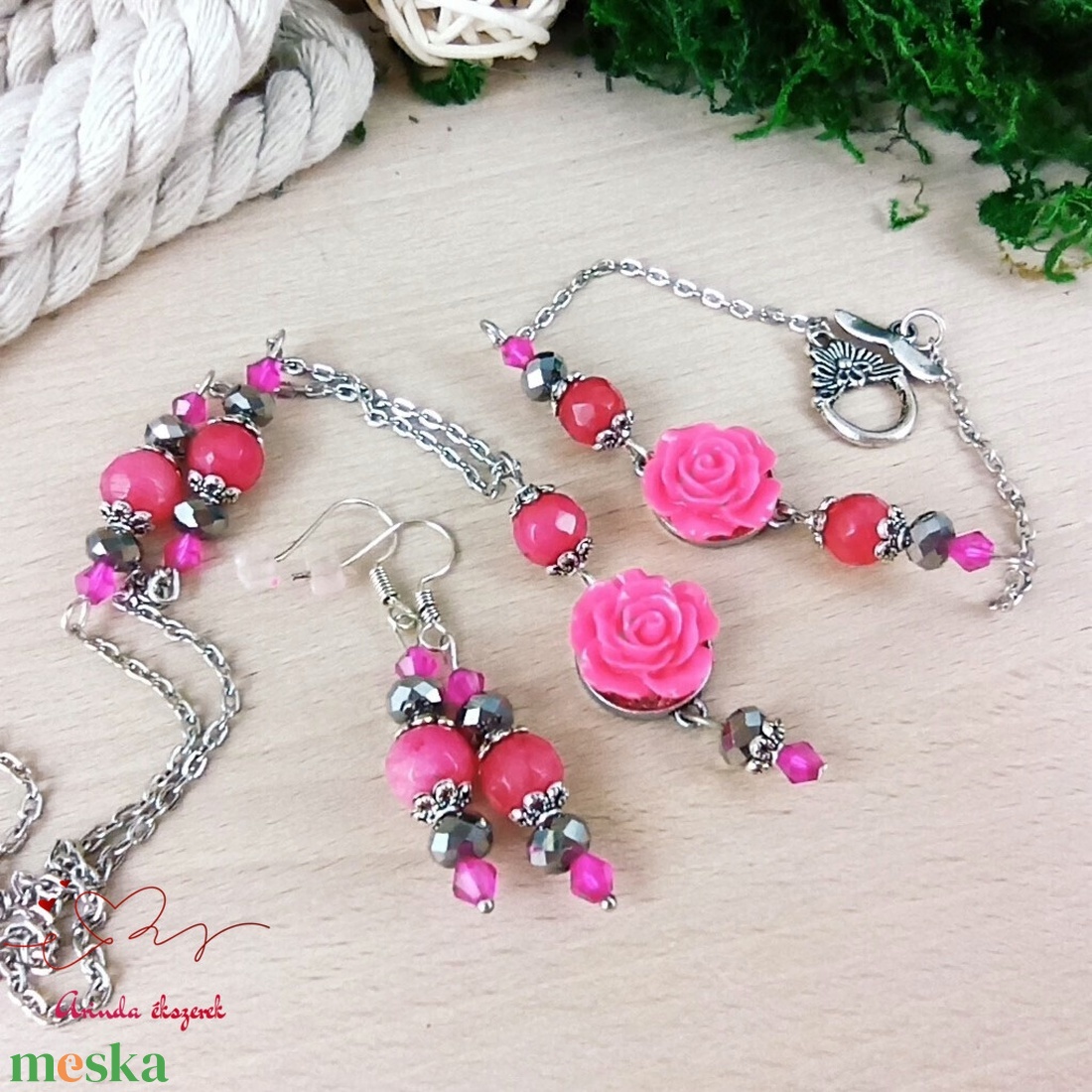 #4 pink rózsás antik ezüst szett nyaklánc fülbevaló karkötő esküvő alkalmi koszorúslány menyasszony násznagy - ékszer - ékszerszett - Meska.hu #4 pink rózsás antik ezüst szett nyaklánc fülbevaló karkötő esküvő alkalmi koszorúslány menyasszony násznagy - ékszer - ékszerszett - Meska.hu