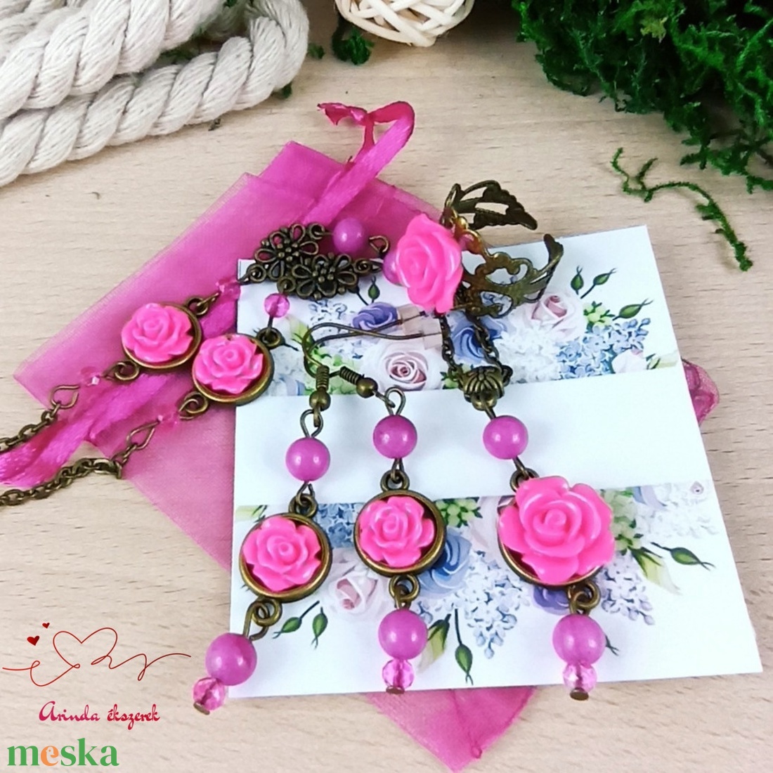 #55 pink rózsás szett nyaklánc fülbevaló karkötő vintage esküvő alkalmi koszorúslány örömanya menyasszony násznagy - ékszer - ékszerszett - Meska.hu