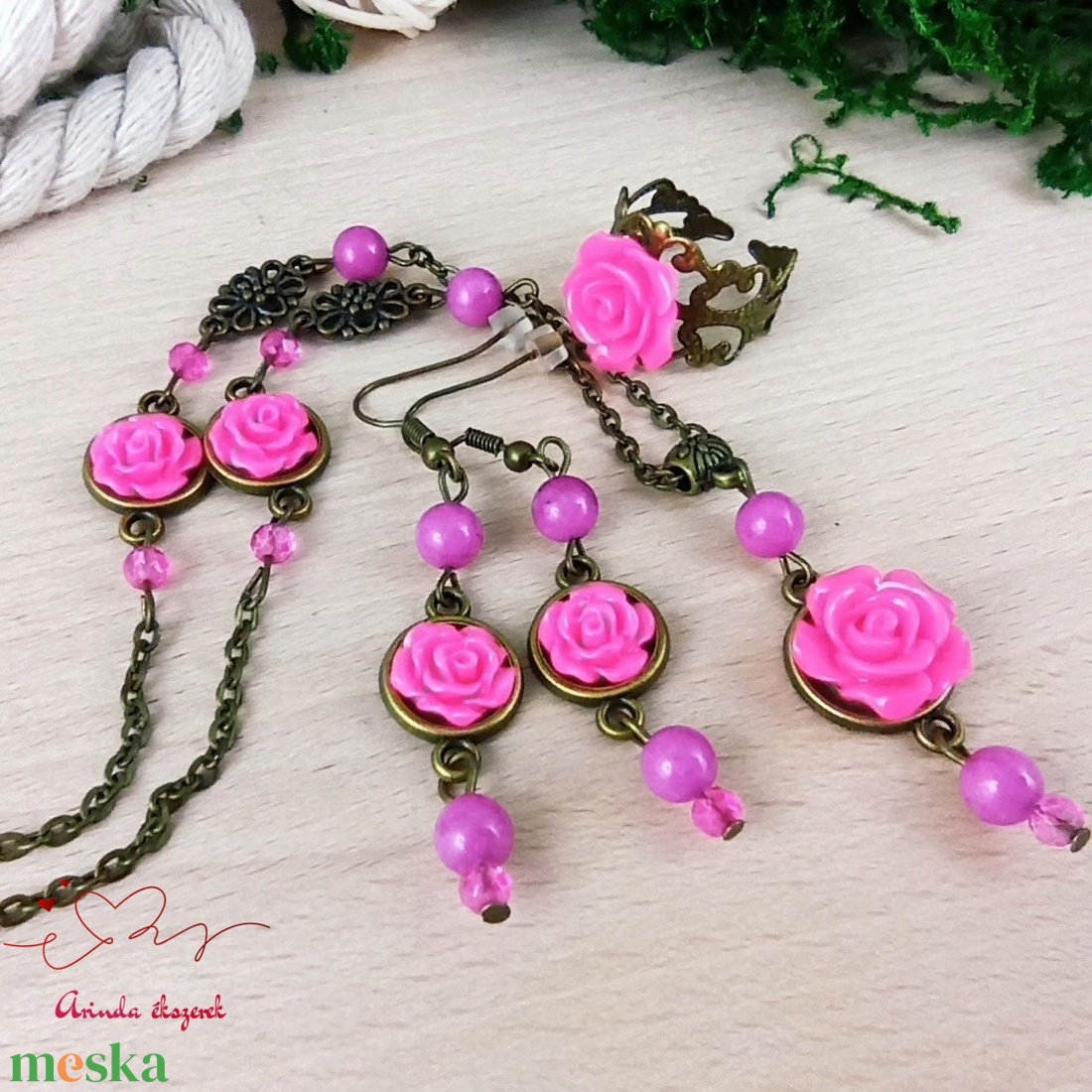 #55 pink rózsás szett nyaklánc fülbevaló karkötő vintage esküvő alkalmi koszorúslány örömanya menyasszony násznagy - ékszer - ékszerszett - Meska.hu