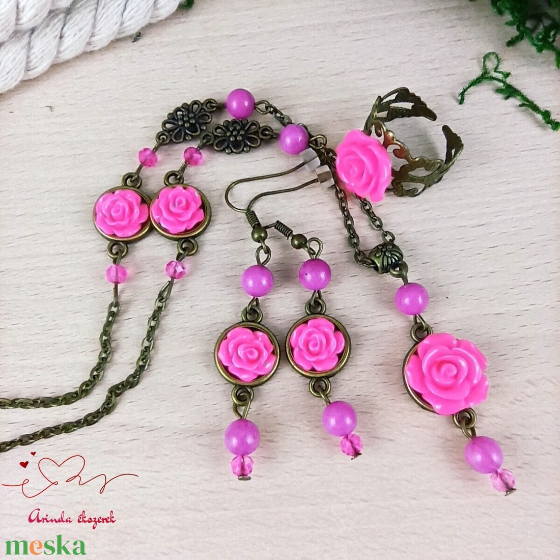 #55 pink rózsás szett nyaklánc fülbevaló karkötő vintage esküvő alkalmi koszorúslány örömanya menyasszony násznagy - ékszer - ékszerszett - Meska.hu