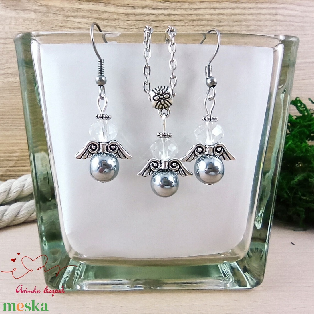 Ezüst hematit ásvány angyal nyaklánc fülbevaló szett karácsonyi ajándék ötlet nőnek lánynak - ékszer - ékszerszett - Meska.hu
