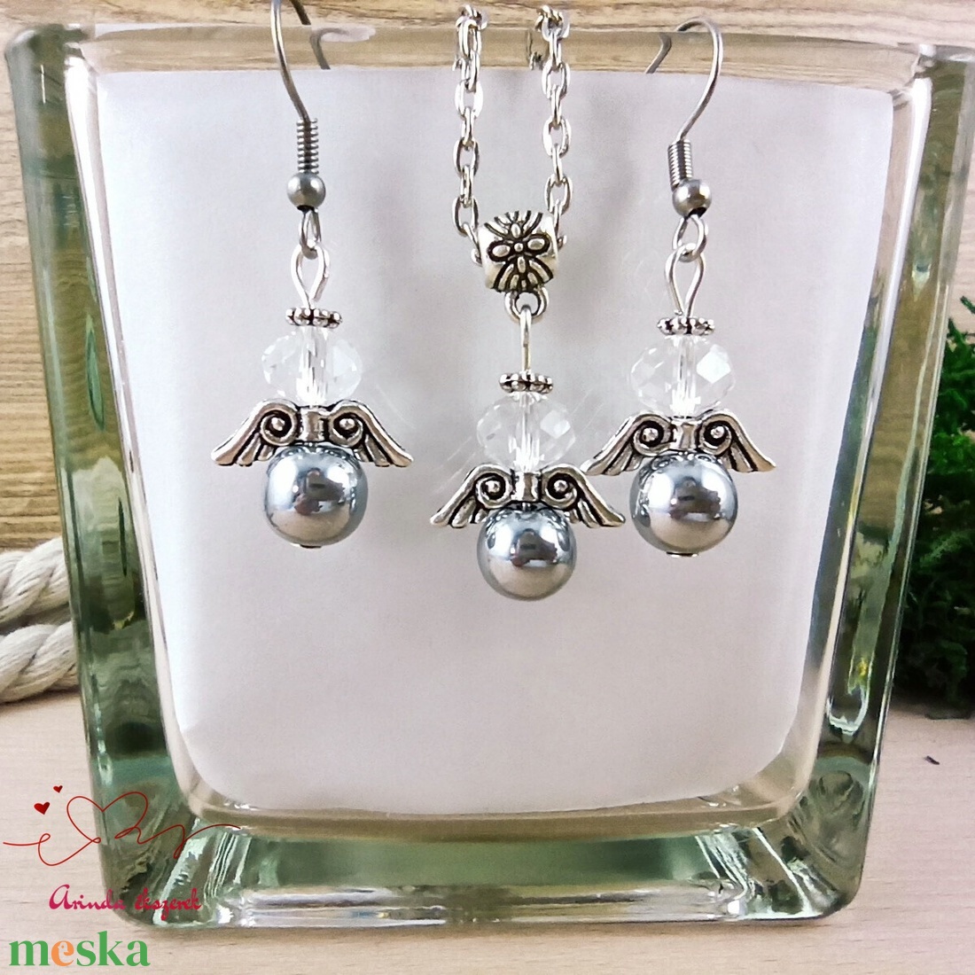 Ezüst hematit ásvány angyal nyaklánc fülbevaló szett karácsonyi ajándék ötlet nőnek lánynak - ékszer - ékszerszett - Meska.hu