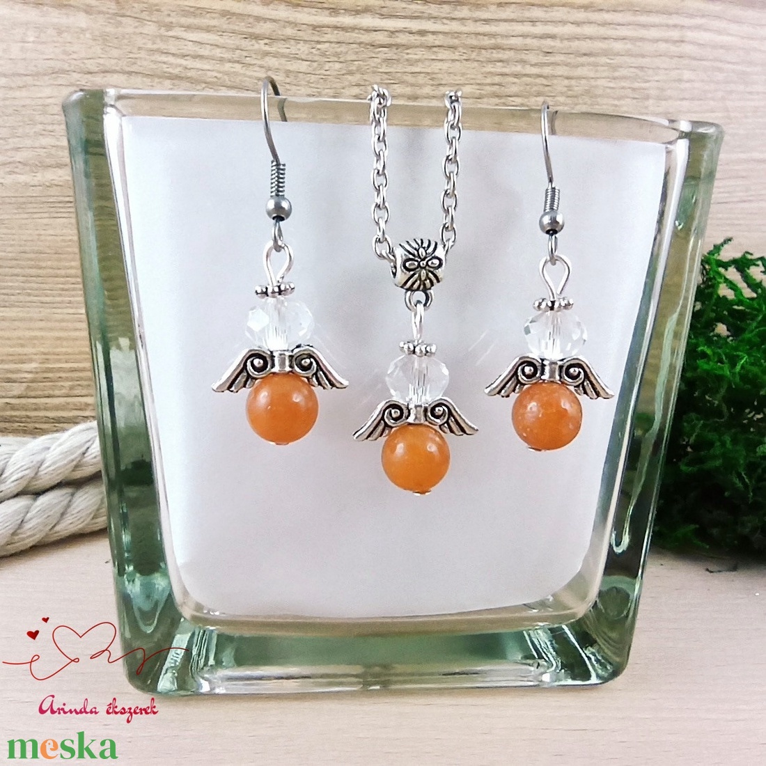 Önbizalom narancs aventurin ásvány angyal nyaklánc fülbevaló szett karácsonyi ajándék ötlet nőnek lánynak - ékszer - ékszerszett - Meska.hu