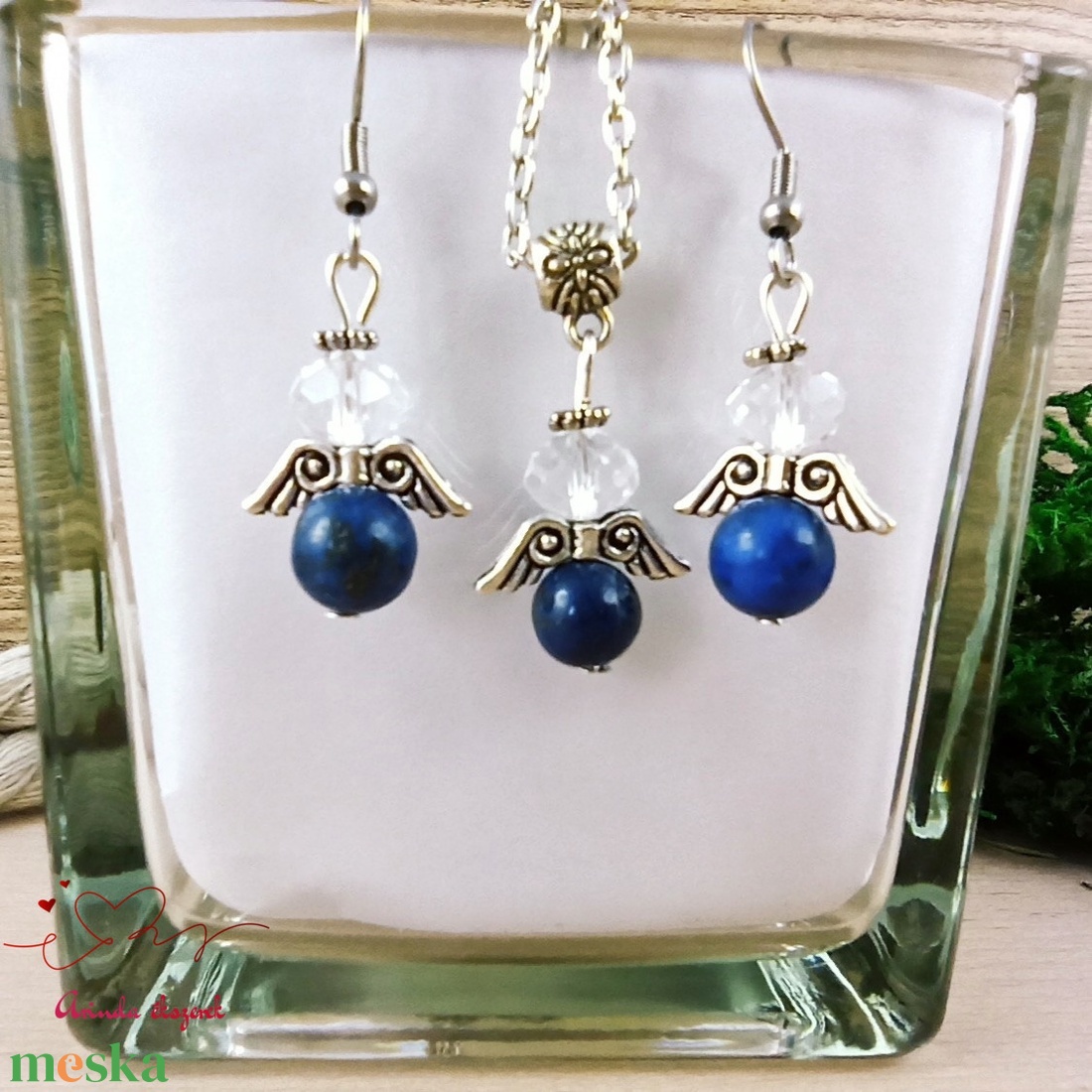 Nyitottság lápisz lazuli ásvány angyal nyaklánc fülbevaló szett karácsonyi ajándék ötlet nőnek lánynak - ékszer - ékszerszett - Meska.hu