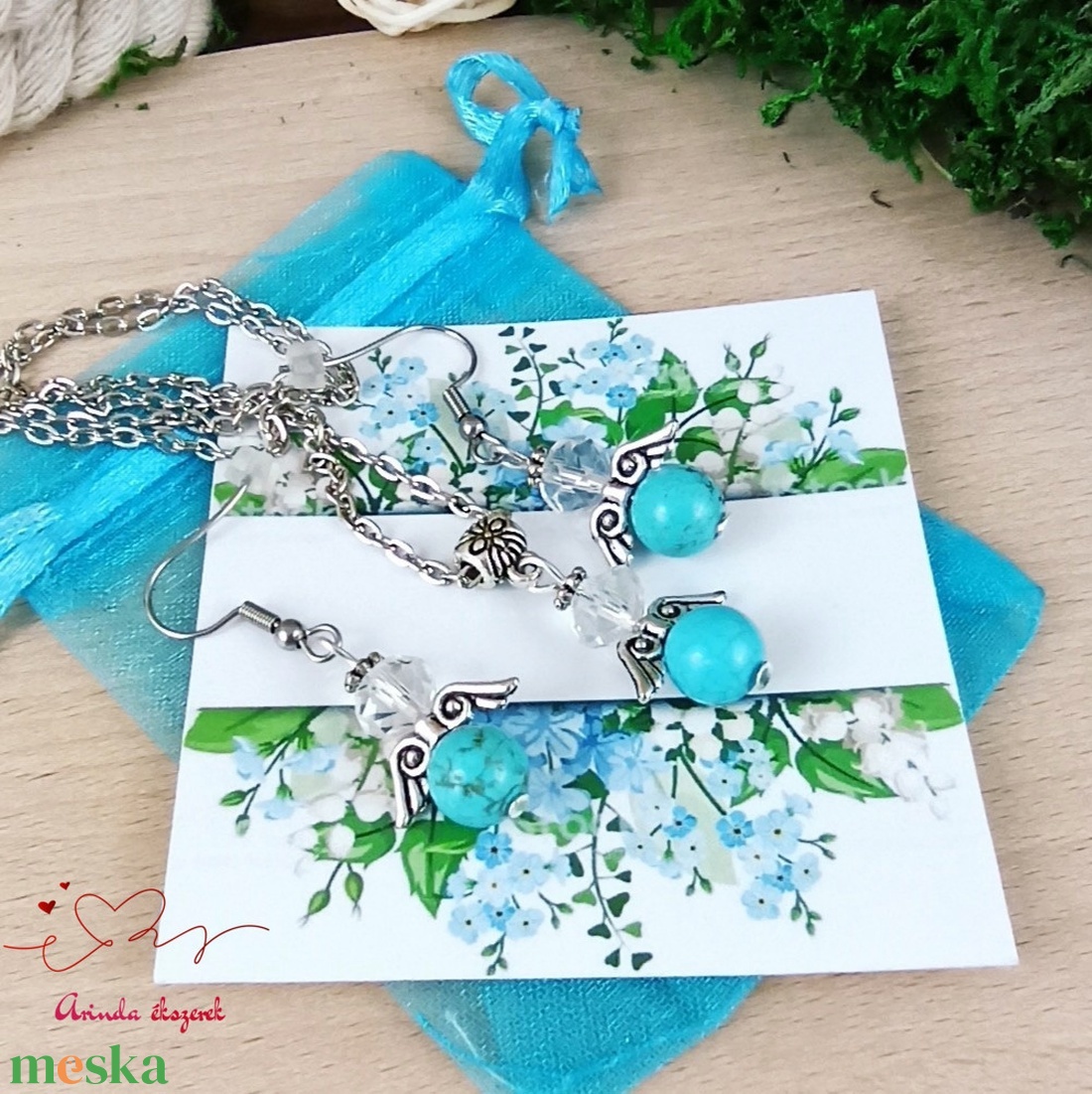 Önbizalom kék türkiz ásvány angyal nyaklánc fülbevaló szett karácsonyi ajándék ötlet nőnek lánynak - ékszer - ékszerszett - Meska.hu