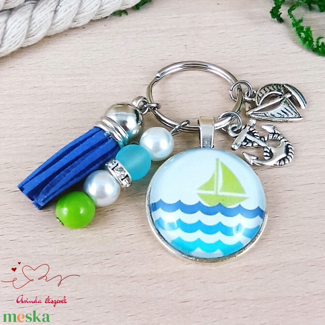 Hajó kék bojtos üveglencsés kulcstartó táskadísz  - táska & tok - kulcstartó & táskadísz - kulcstartó - Meska.hu
