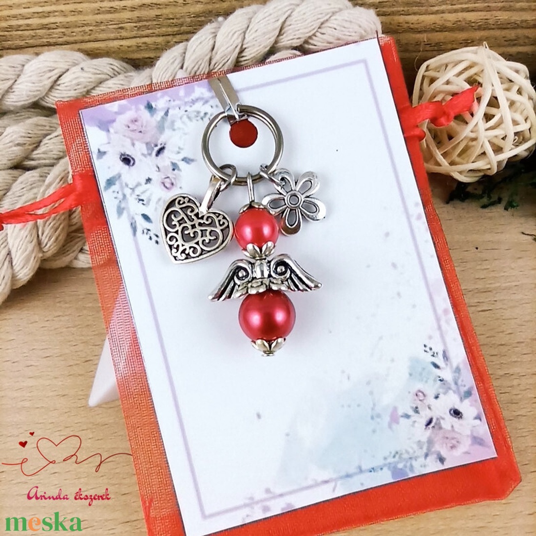 Piros tekla angyal kulcstartó táskadísz ajándékkártyával anyának mamának keresztanyának  - táska & tok - kulcstartó & táskadísz - kulcstartó - Meska.hu