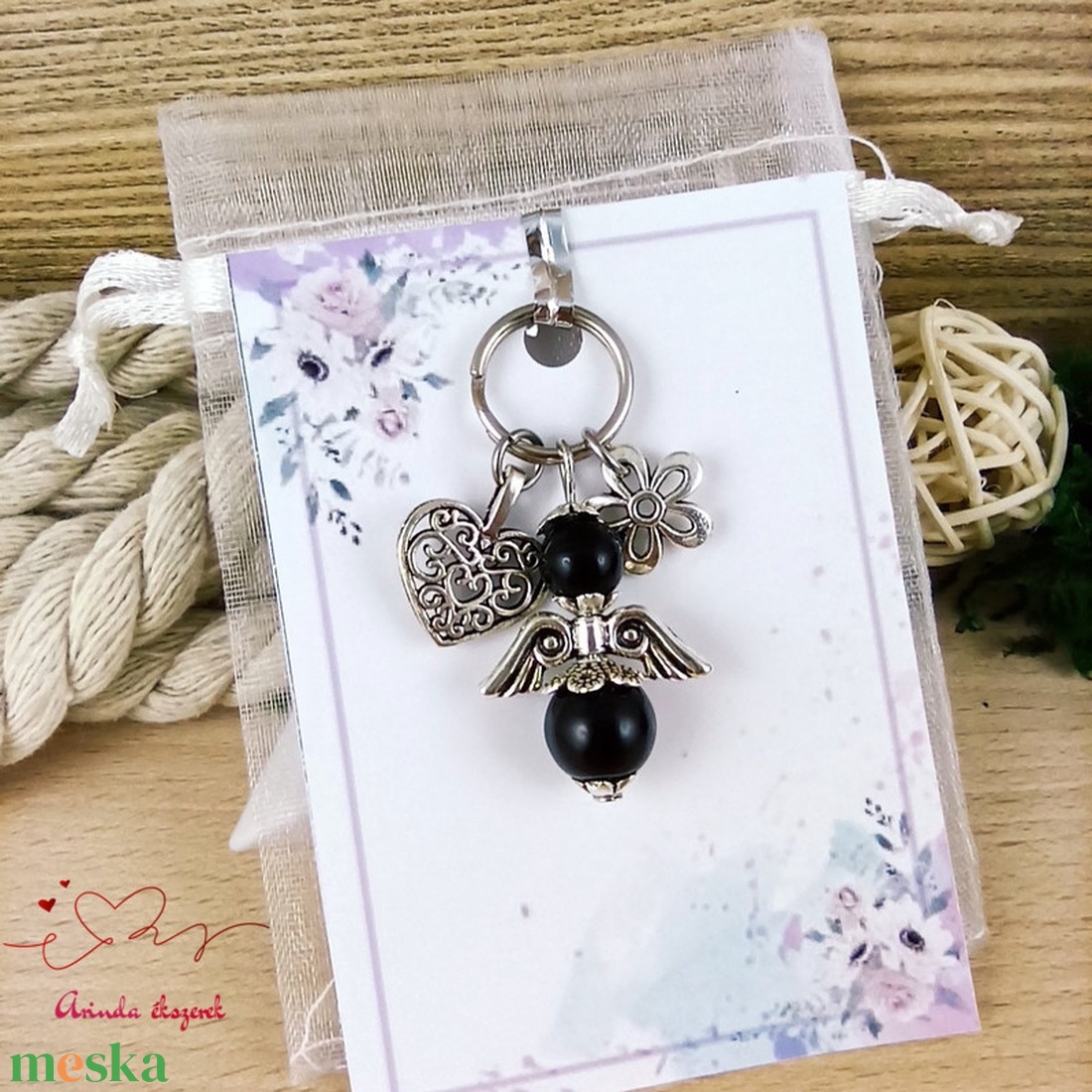 Fekete tekla angyal kulcstartó táskadísz ajándékkártyával anyának mamának keresztanyának  - táska & tok - kulcstartó & táskadísz - kulcstartó - Meska.hu