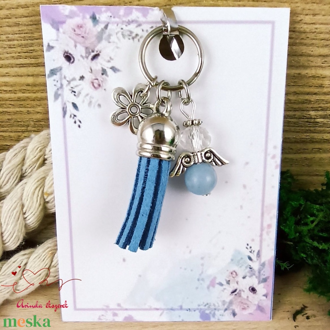 Angelit ásvány angyal kék bojttal virággal kulcstartó táskadísz pedagógusnapra évzáróra ballagásra - táska & tok - kulcstartó & táskadísz - kulcstartó - Meska.hu