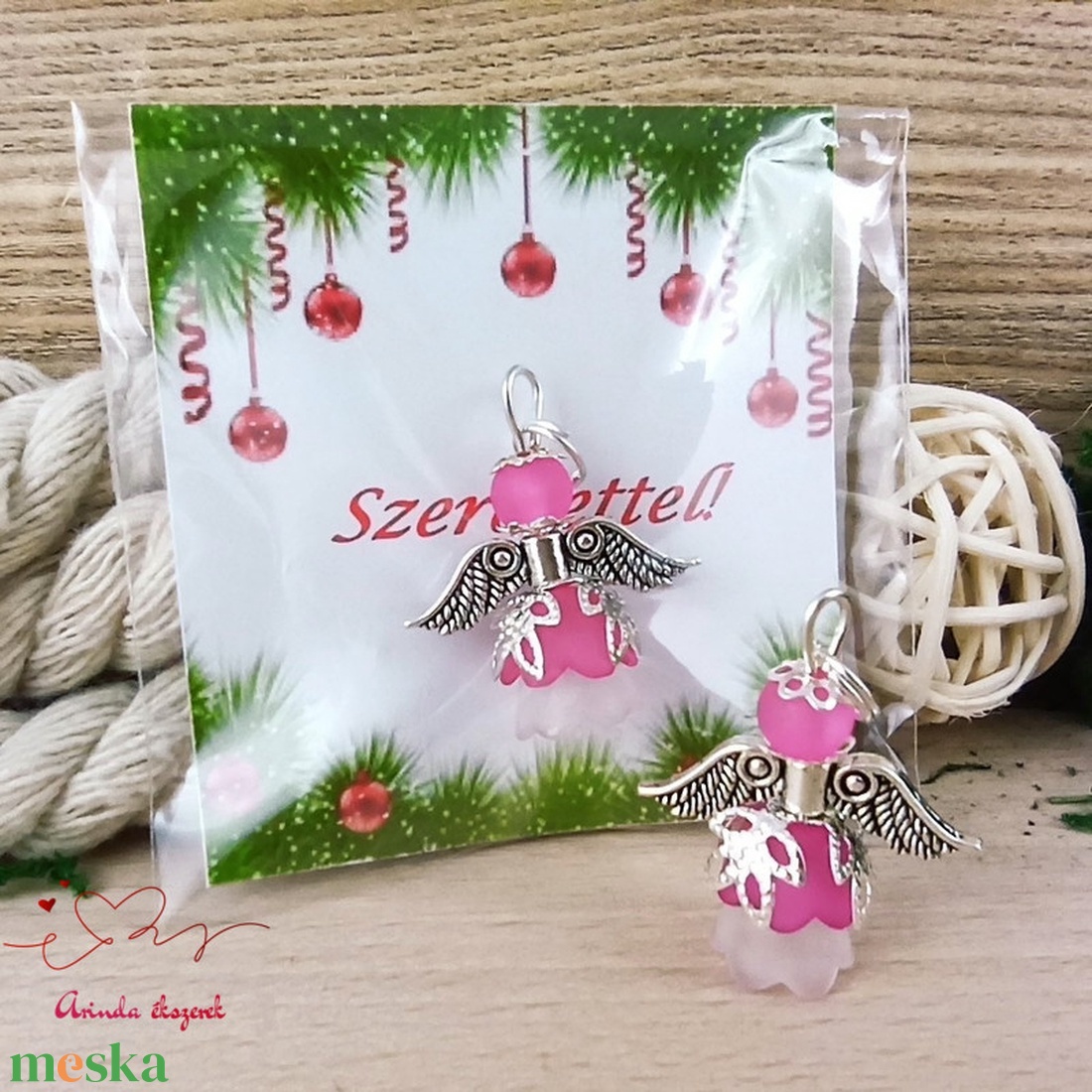 5 db pink angyal medál ajándékkísérő  - karácsony - karácsonyi ajándékozás - karácsonyi képeslap, üdvözlőlap, ajándékkísérő - Meska.hu