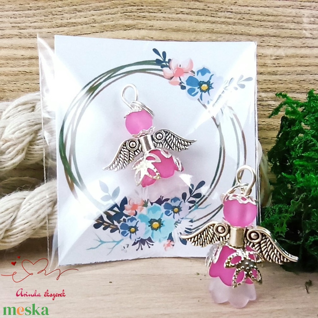 5 db pink angyal medál ajándékkísérő  - karácsony - karácsonyi ajándékozás - karácsonyi képeslap, üdvözlőlap, ajándékkísérő - Meska.hu