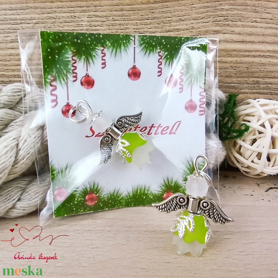 5 db zöld angyal medál ajándékkísérő apró ajándék  - karácsony - karácsonyi ajándékozás - karácsonyi képeslap, üdvözlőlap, ajándékkísérő - Meska.hu