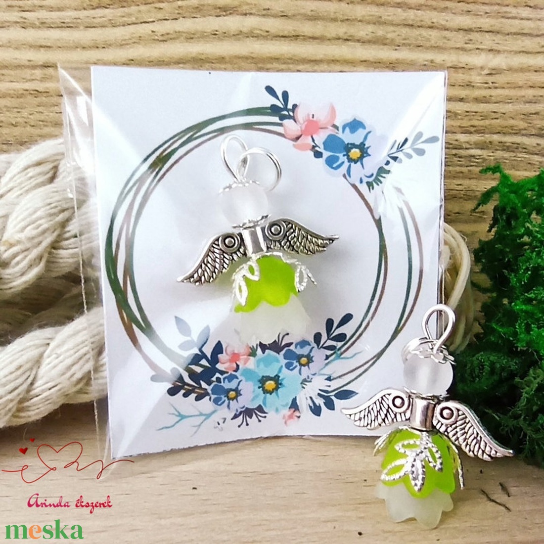 5 db zöld angyal medál ajándékkísérő apró ajándék  - karácsony - karácsonyi ajándékozás - karácsonyi képeslap, üdvözlőlap, ajándékkísérő - Meska.hu