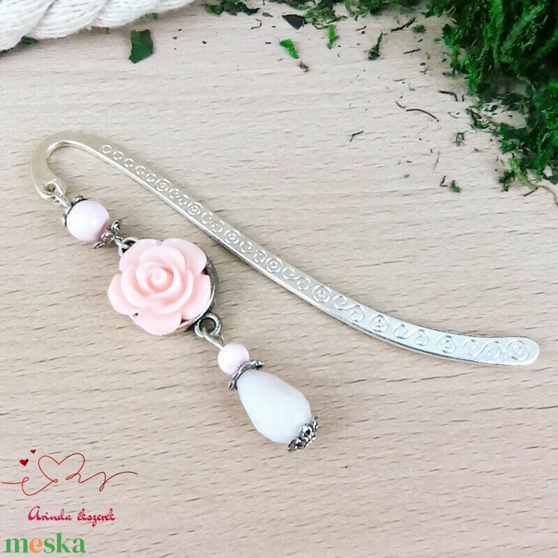 Rózsaszín nagy rózsa könyvjelző tibeti ezüst alappal cseppel - könyv & zene - könyvjelző - Meska.hu
