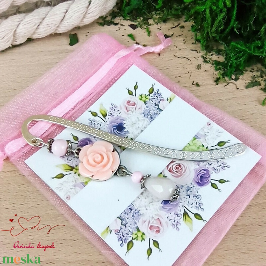 Rózsaszín nagy rózsa könyvjelző tibeti ezüst alappal cseppel - könyv & zene - könyvjelző - Meska.hu