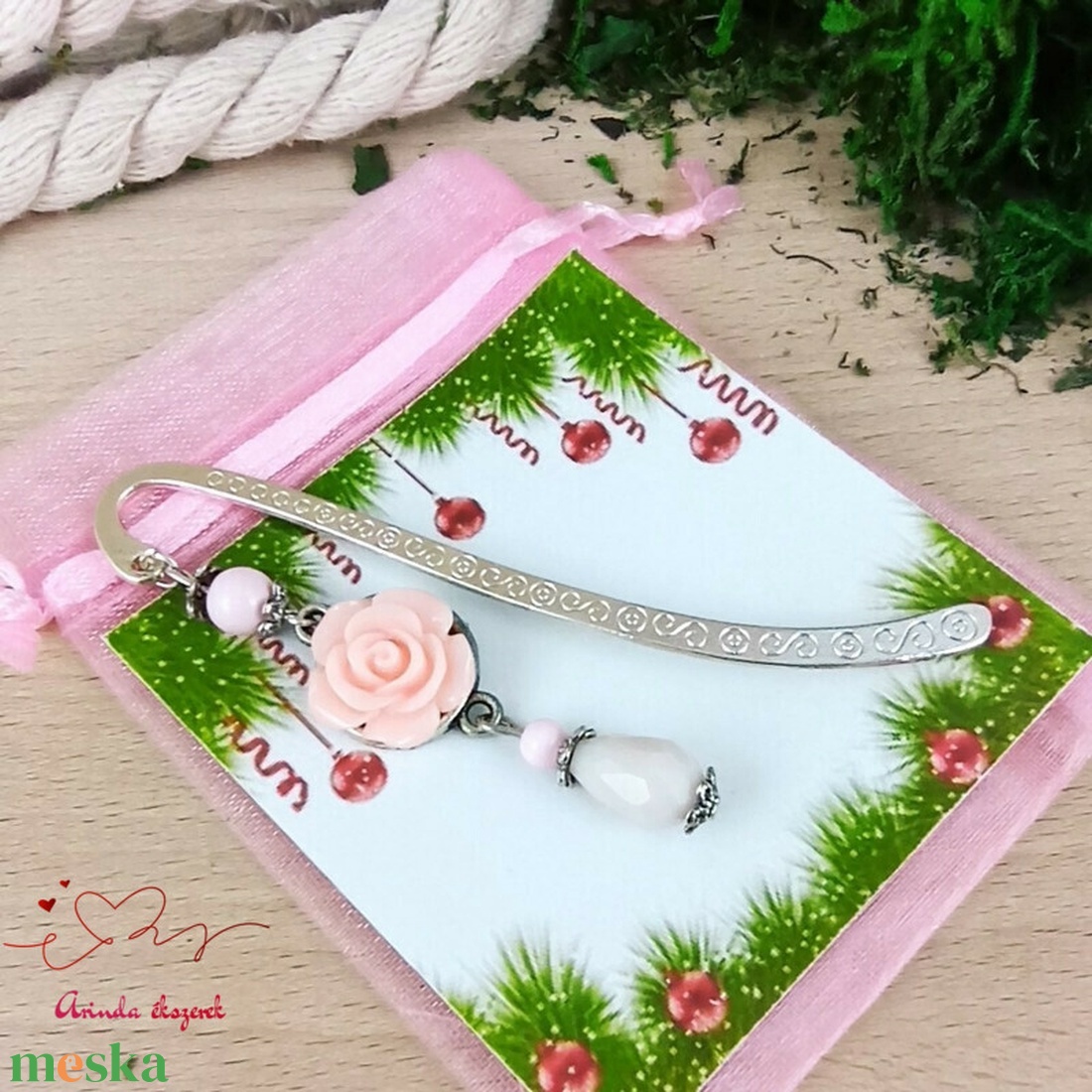 Rózsaszín nagy rózsa könyvjelző tibeti ezüst alappal cseppel - könyv & zene - könyvjelző - Meska.hu