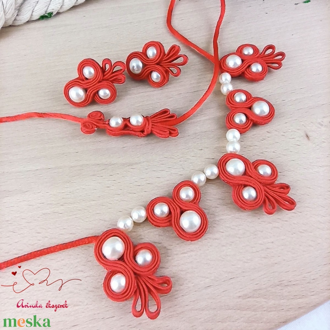 Piros menyecske menyasszonyi esküvői ékszer sujtás nyaklánc fülbevaló szett - esküvő - ékszer - ékszerszett - Meska.hu