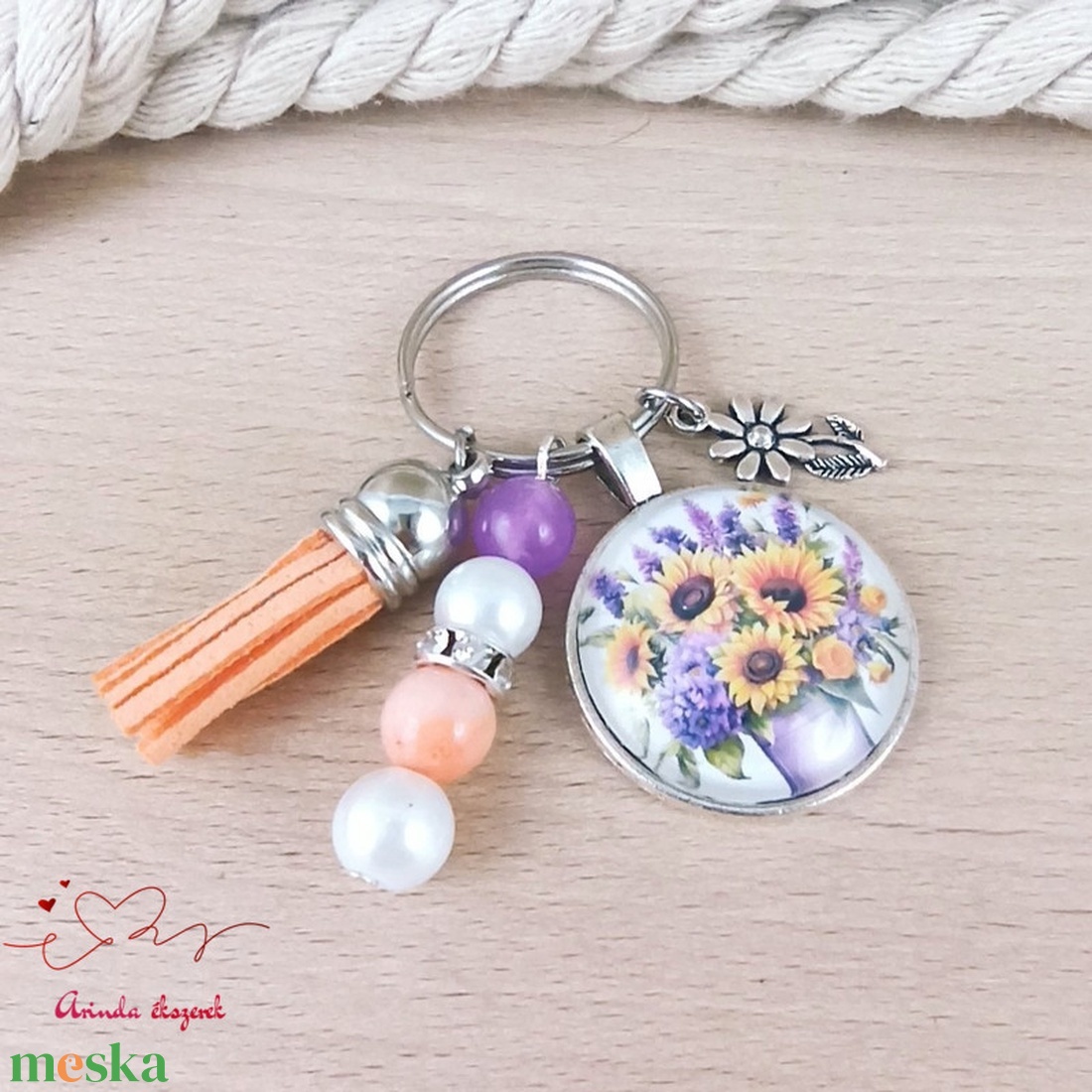 Nyári csokor narancs bojtos üveglencsés kulcstartó táskadísz  - táska & tok - kulcstartó & táskadísz - kulcstartó - Meska.hu