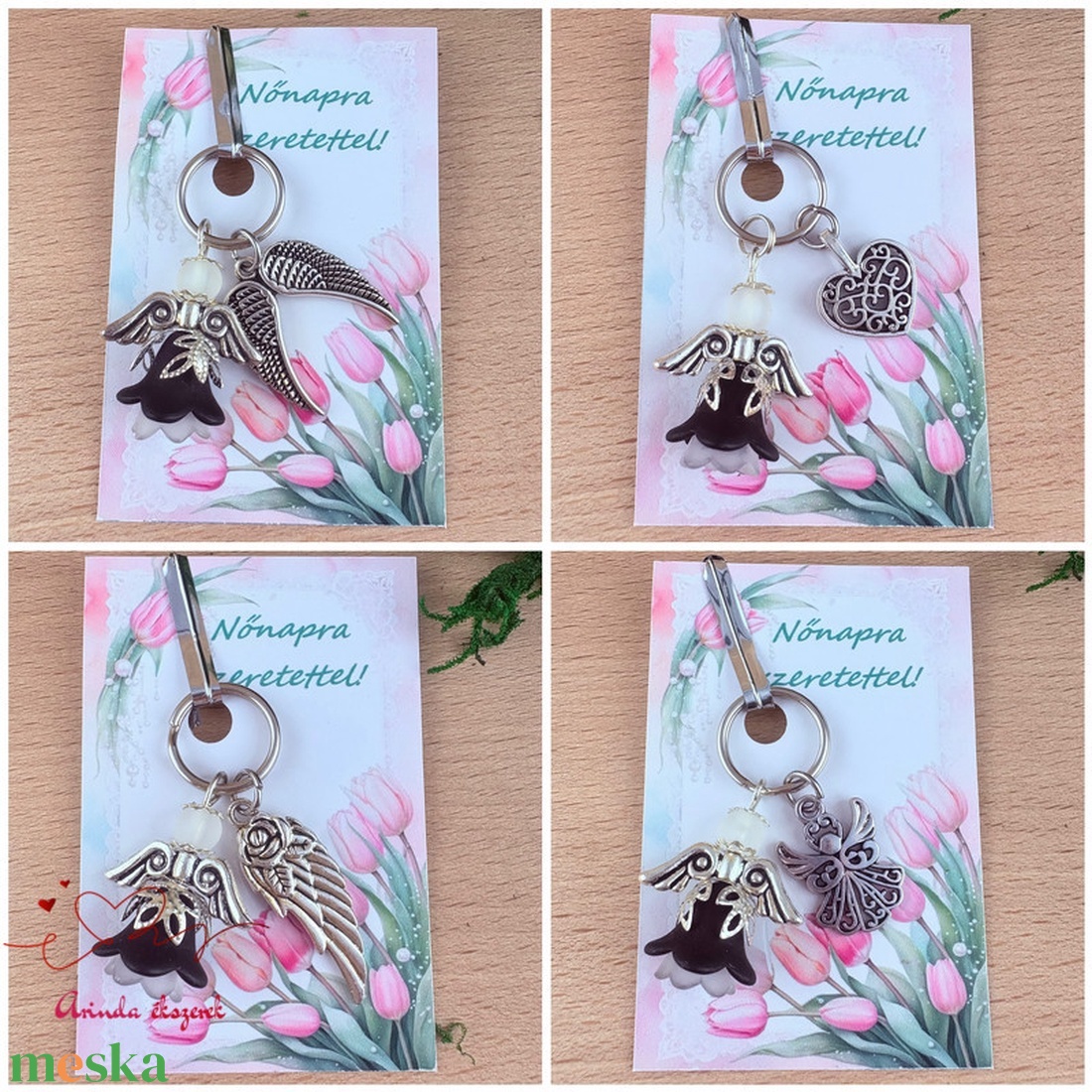 Nőnapi ajándék szerencse fekete-fehér angyala kulcstartó ajándékkártyával választható medállal szív angyal angyalszárny  - táska & tok - kulcstartó & táskadísz - kulcstartó - Meska.hu