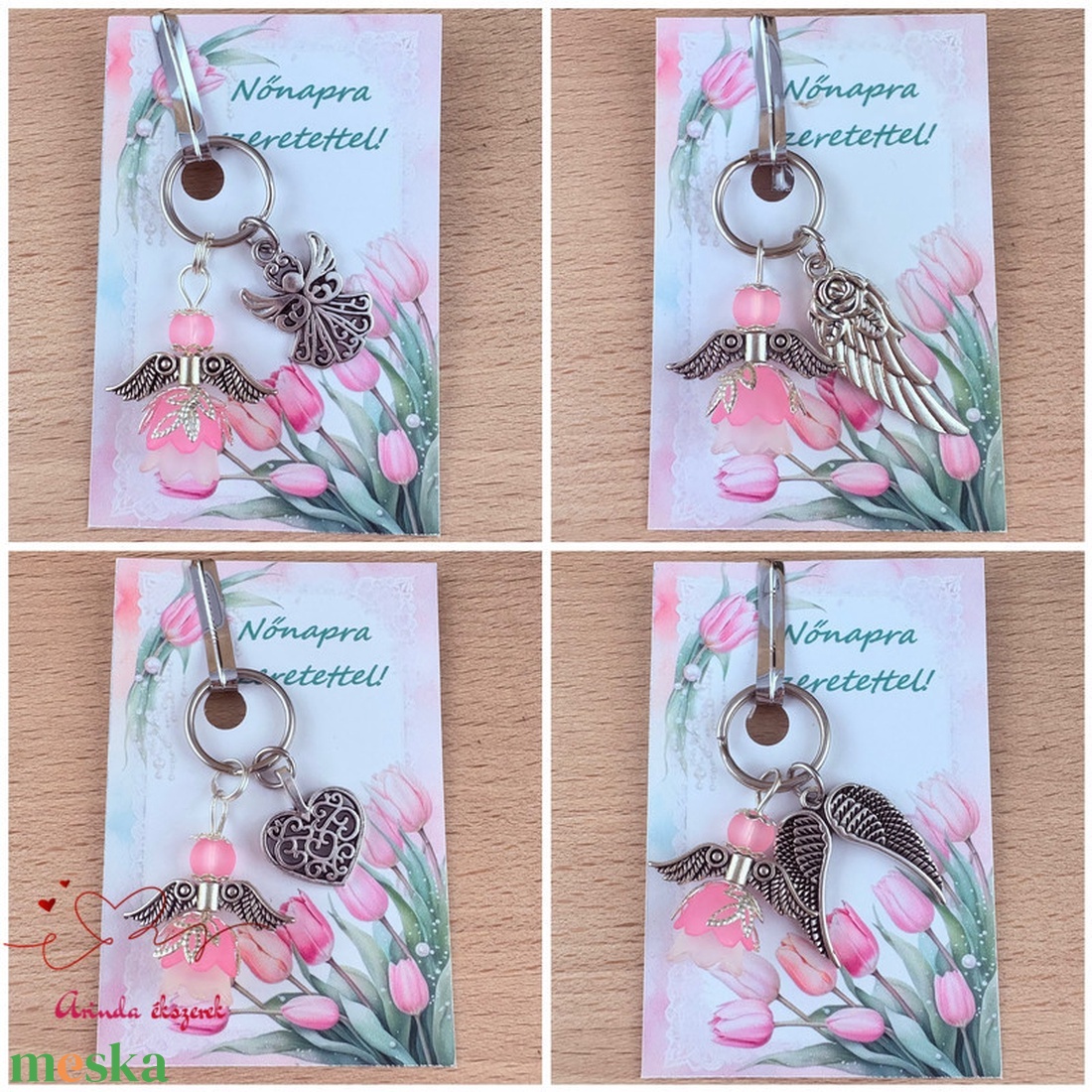 Nőnapi ajándék kedvesség rózsaszín angyala kulcstartó ajándékkártyával választható medállal szív angyal angyalszárny  - táska & tok - kulcstartó & táskadísz - kulcstartó - Meska.hu