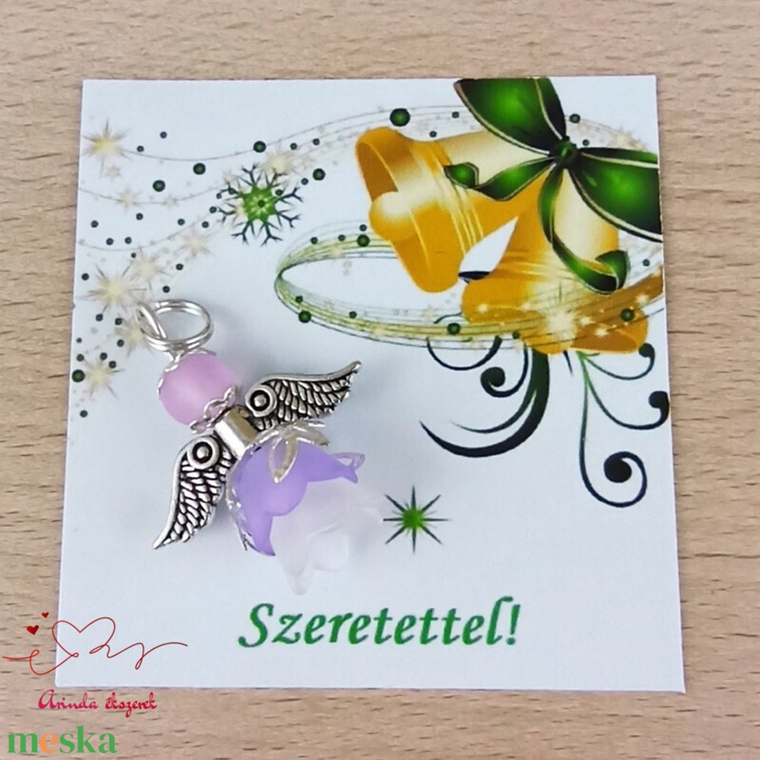 Angyalka medál lila 5 db-os csomagban ajándékkártyával karácsonyi apróság kollégának osztálytársnak vendégnek - karácsony - karácsonyi ajándékozás - karácsonyi képeslap, üdvözlőlap, ajándékkísérő - Meska.hu