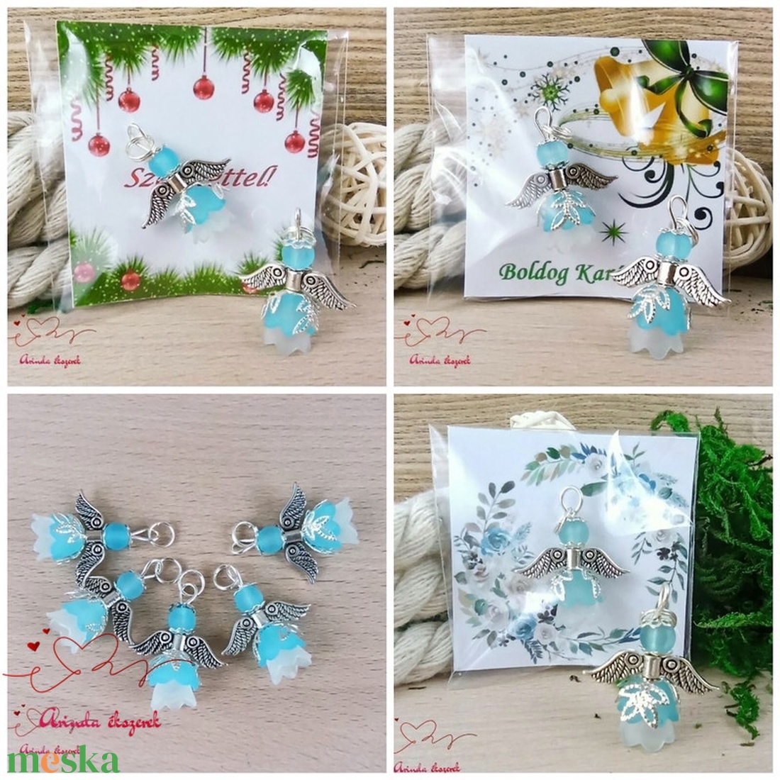 Angyalka medál világoskék 5 db-os csomagban ajándékkártyával karácsonyi apróság kollégának osztálytársnak vendégnek - karácsony - karácsonyi ajándékozás - karácsonyi képeslap, üdvözlőlap, ajándékkísérő - Meska.hu