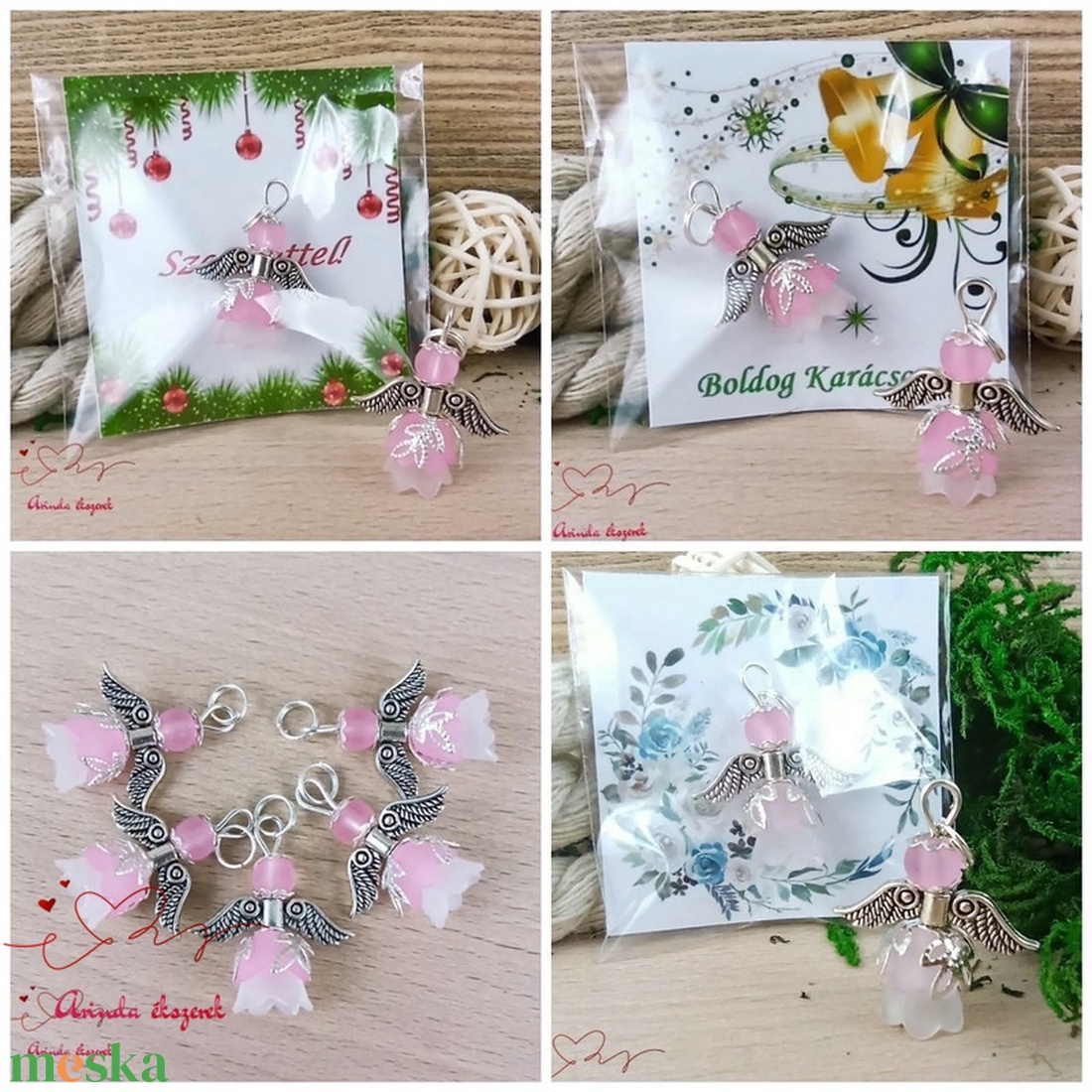 Angyalka medál rózsaszín 5 db-os csomagban ajándékkártyával karácsonyi apróság kollégának osztálytársnak vendégnek - karácsony - karácsonyi ajándékozás - karácsonyi képeslap, üdvözlőlap, ajándékkísérő - Meska.hu