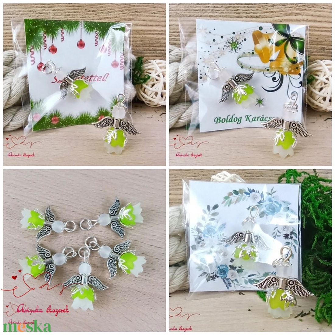 Angyalka medál zöld 5 db-os csomagban ajándékkártyával karácsonyi apróság kollégának osztálytársnak vendégnek - karácsony - karácsonyi ajándékozás - karácsonyi képeslap, üdvözlőlap, ajándékkísérő - Meska.hu