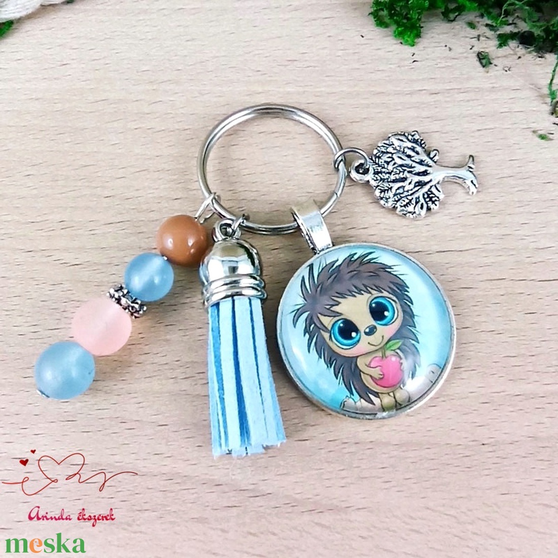 Süni kék bojtos üveglencsés kulcstartó táskadísz  - táska & tok - kulcstartó & táskadísz - kulcstartó - Meska.hu