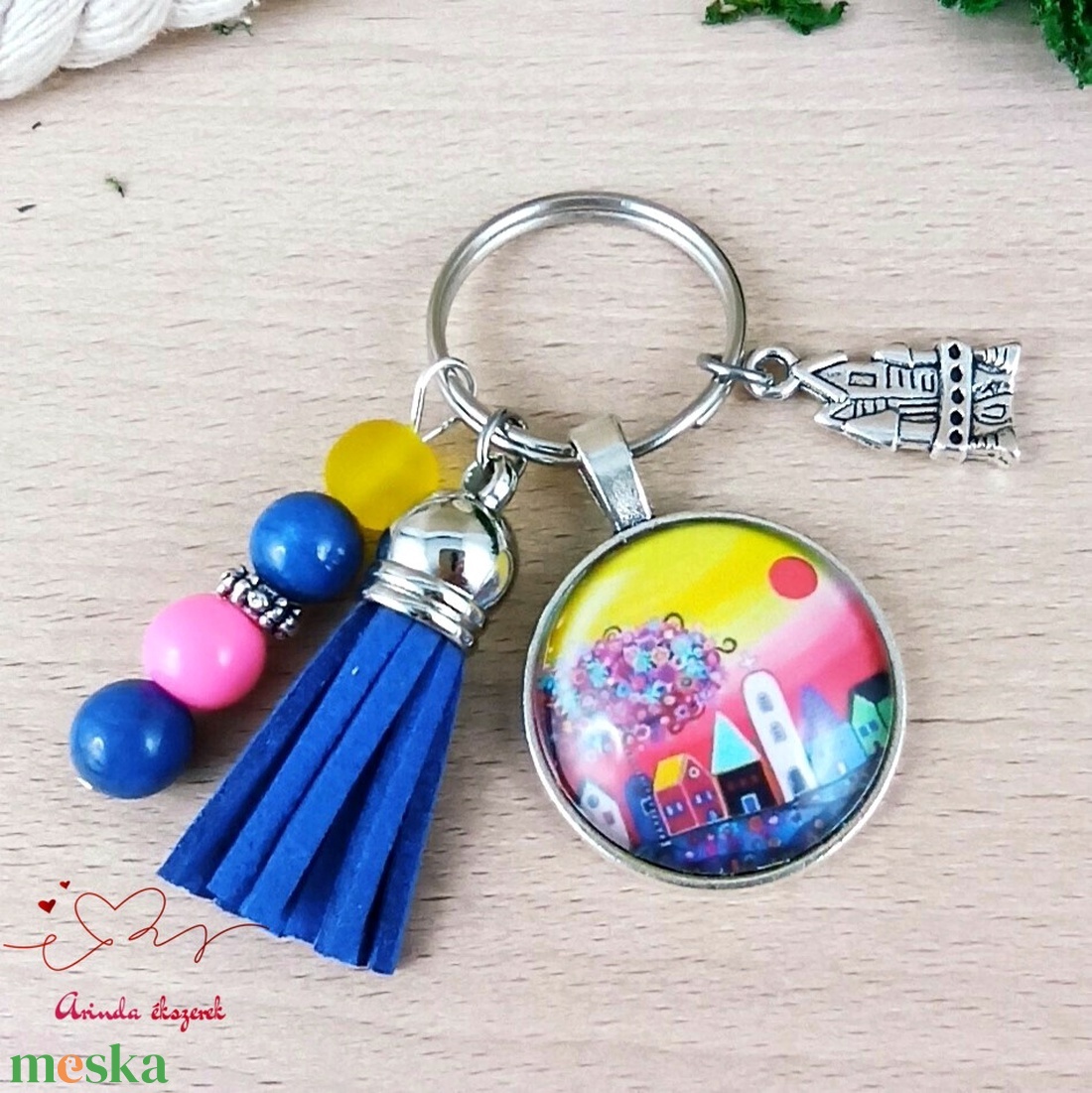 Naplemente kék bojtos üveglencsés kulcstartó táskadísz  - táska & tok - kulcstartó & táskadísz - kulcstartó - Meska.hu