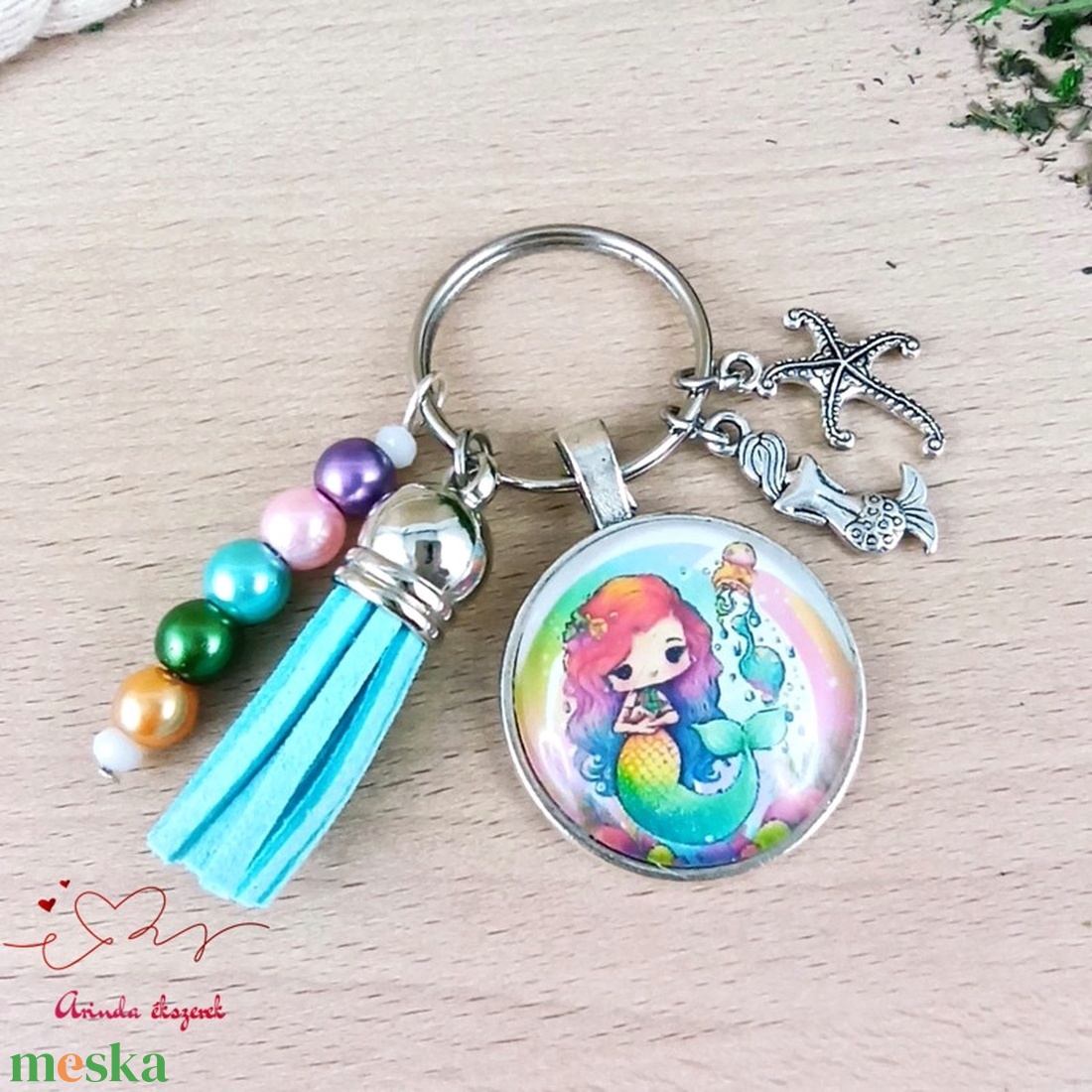 Sellő kék bojtos üveglencsés kulcstartó táskadísz  - táska & tok - kulcstartó & táskadísz - táskadísz - Meska.hu