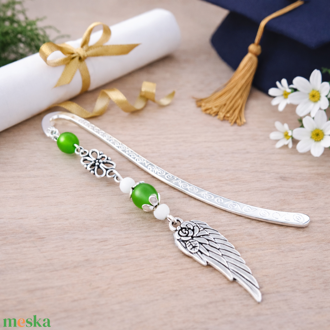 Angyalszárnyas könyvjelző - évzáró ajándék ballagásra, év végi köszönetként zöld színben - könyv & zene - könyvjelző - Meska.hu