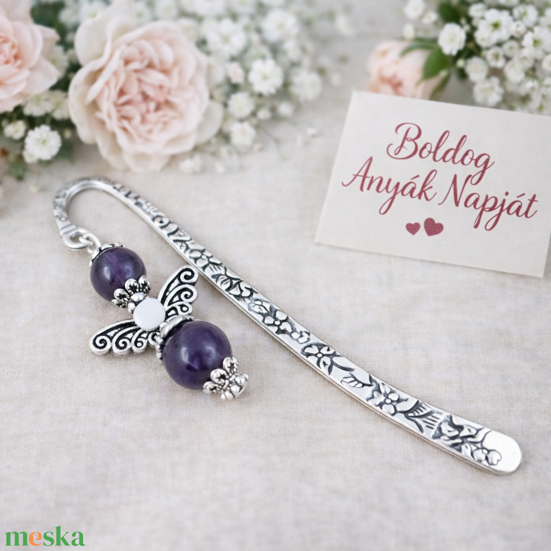 Anyák napi ásvány angyal könyvjelző ametiszttel - szeretettel készült ajándék édesanyáknak - könyv & zene - könyvjelző - Meska.hu