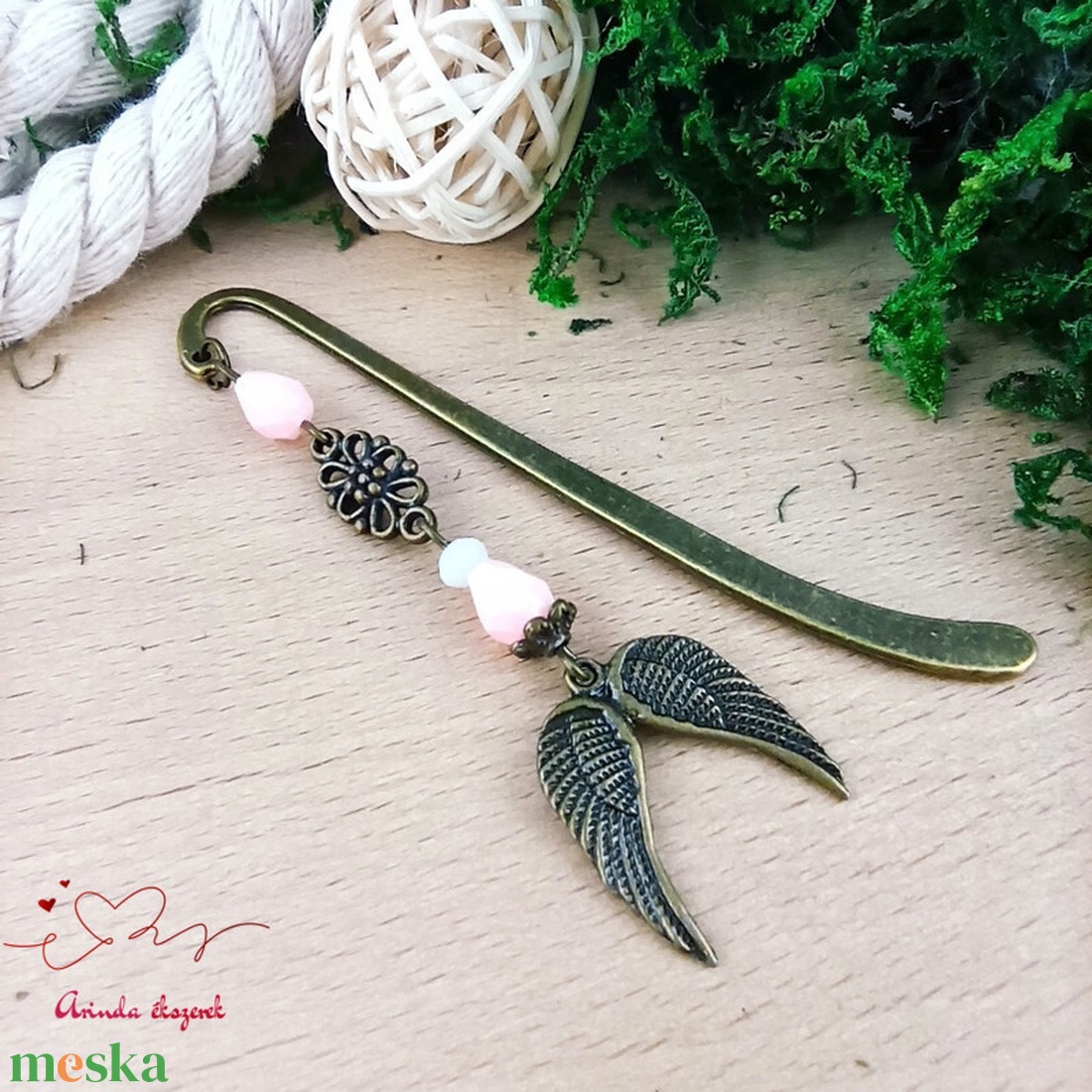 Dupla angyalszárny könyvjelző rózsaszín gyöngyökkel - meghitt karácsonyi ajándék könyvszeretőknek - könyv & zene - könyvjelző - Meska.hu