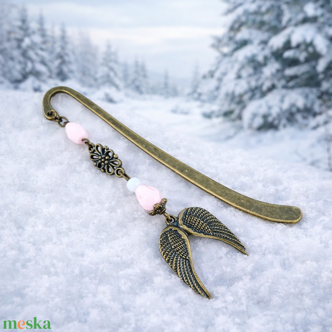 Dupla angyalszárny könyvjelző rózsaszín gyöngyökkel - meghitt karácsonyi ajándék könyvszeretőknek - könyv & zene - könyvjelző - Meska.hu