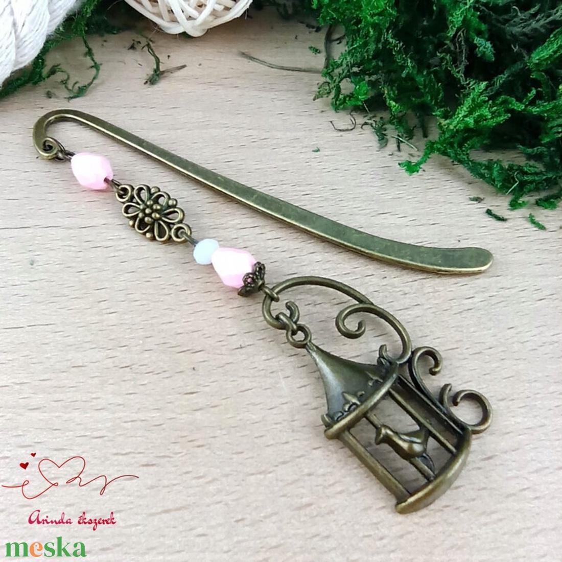 Rózsaszín madárkalitkás könyvjelző � egyedi, kézműves ajándék olvasóknak - könyv & zene - könyvjelző - Meska.hu