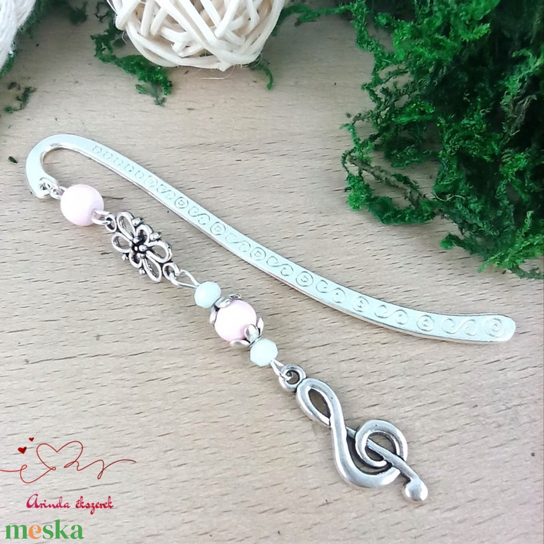 Violinkulcs könyvjelző � rózsaszín gyöngyökkel, évzáró ajándék pedagógusnak - könyv & zene - könyvjelző - Meska.hu