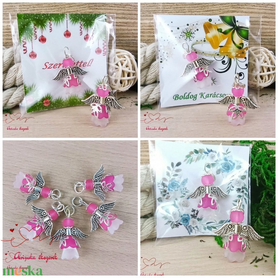Karácsonyi angyalka � 5 db apró angyal � pink - karácsony - karácsonyi ajándékozás - karácsonyi képeslap, üdvözlőlap, ajándékkísérő - Meska.hu