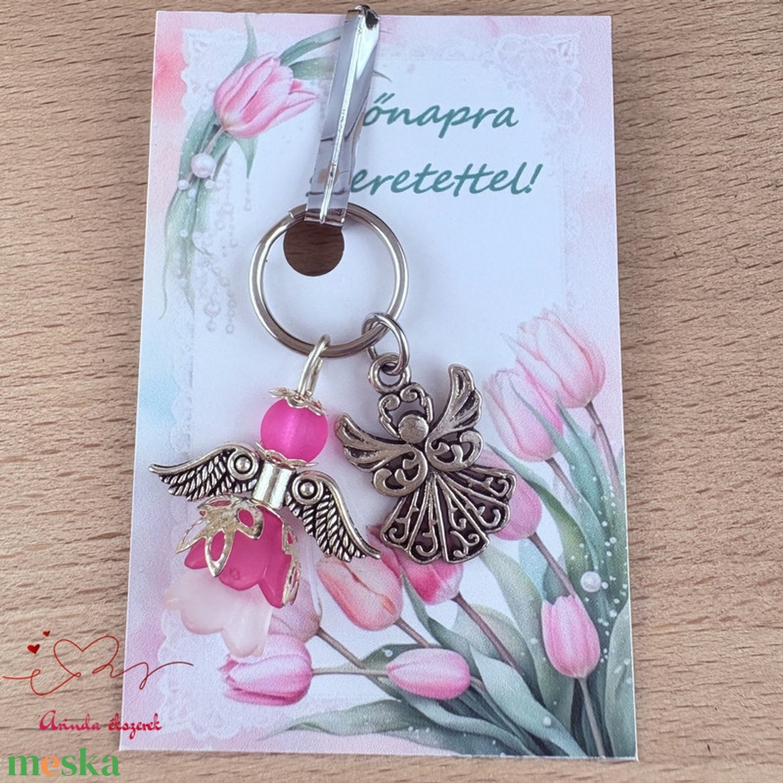 Nőnapi ajándék - pink angyal kulcstartó ajándékkártyával, választható medállal és kártyával - táska & tok - kulcstartó & táskadísz - kulcstartó - Meska.hu