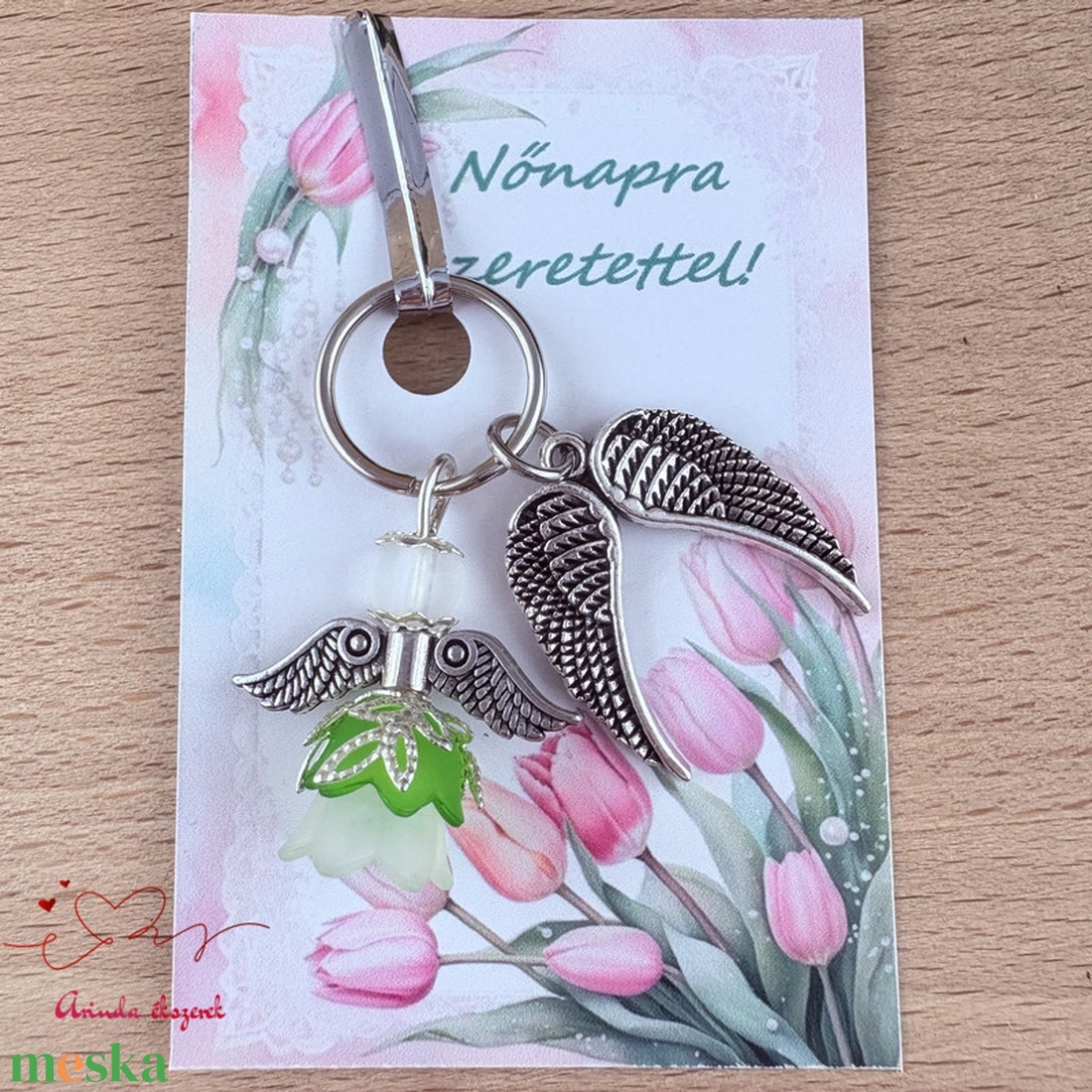 Nőnapi ajándék - sötétzöld angyal kulcstartó ajándékkártyával, választható medállal és kártyával - táska & tok - kulcstartó & táskadísz - kulcstartó - Meska.hu