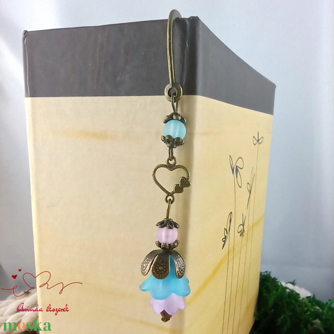 Türkiz-lila virágos könyvjelző - könyv & zene - könyvjelző - Meska.hu