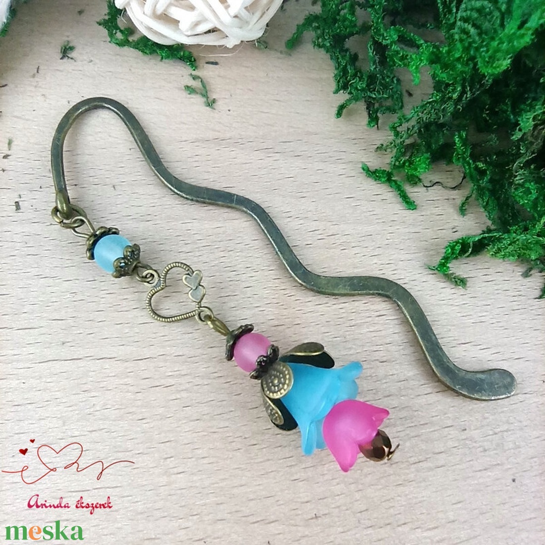 Türkiz-pink virágos könyvjelző - könyv & zene - könyvjelző - Meska.hu